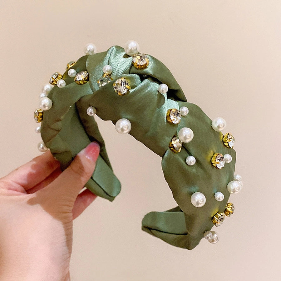 retro lady classic style solid color cloth inlaid pearls hair band