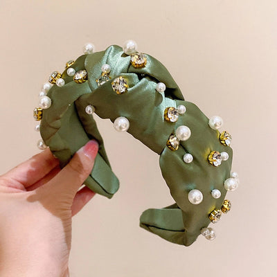 retro lady classic style solid color cloth inlaid pearls hair band