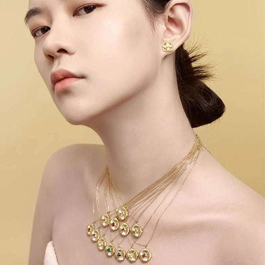 Alloy Copper Inlay Flower Birthstone Pendant Necklace