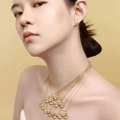 Alloy Copper Inlay Flower Birthstone Pendant Necklace