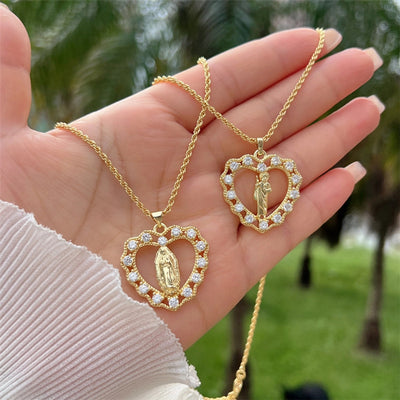 Copper 18K Gold Plated Inlay Human Virgin Mary Heart Shape Artificial Pearls Zircon Pendant Necklace