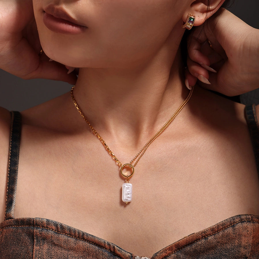 Jewelry Elegant Vacation Rectangle 304 Stainless Steel Baroque pearl 18K Gold Plated Pendant Necklace