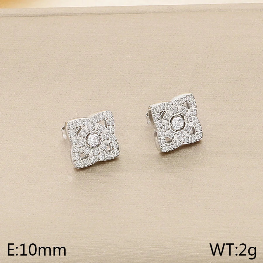 1 Pair Vintage Style Square Heart Shape Hollow Out Inlay 304 Stainless Steel Pearl Zircon 18K Gold Plated Earrings