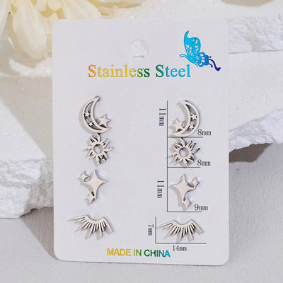 4 Pairs Cute Sweet Commute Sun Star Moon Polishing Hollow Out 304 Stainless Steel 18K Gold Plated Ear Studs