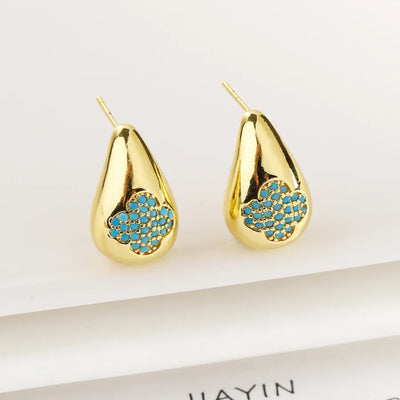 1 Pair Elegant Simple Style Four Leaf Clover Water Droplets Copper Zircon Ear Studs