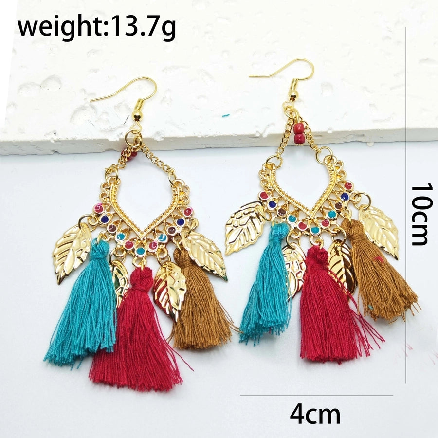 1 Pair Retro Tropical Geometric Round Leaves Tassel Plating Braid 304 Stainless Steel Feather 18K Gold Plated Drop Earrings