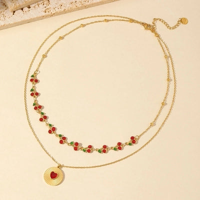 Jewelry Vacation Simple Style Cherry Heart Shape 304 Stainless Steel Resin 18K Gold Plated Inlay Double Layer Necklaces Pendant Necklace