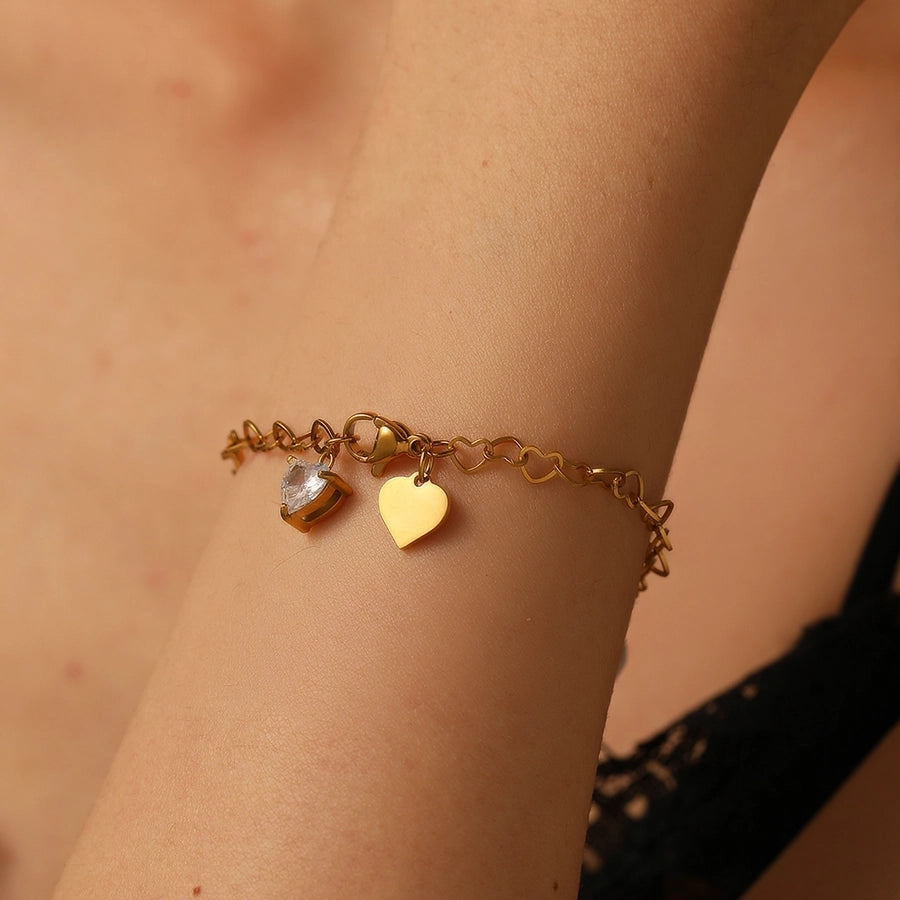 Elegant Heart Shape Titanium Steel 18K Gold Plated Rhinestones cable chain Bracelets In Bulk