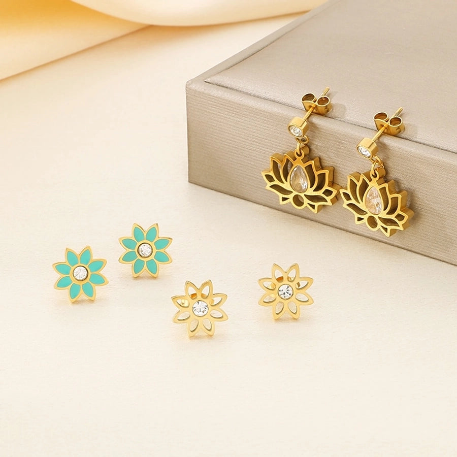 1 Pair Vintage Style Flower Hollow Out Inlay 304 Stainless Steel Zircon 18K Gold Plated Ear Studs