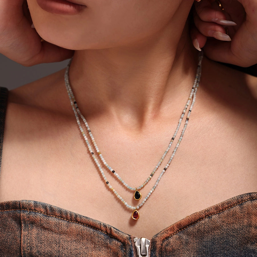 Elegant Vacation Water Droplets 304 Stainless Steel natural stone Zircon Beaded Chain Pendant Necklace In Bulk