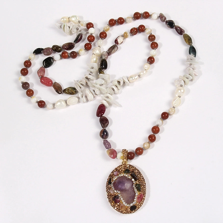 Bohemian Geometric natural stone Beaded Chain Pendant Necklace In Bulk