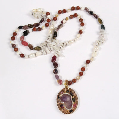 Bohemian Geometric natural stone Beaded Chain Pendant Necklace In Bulk