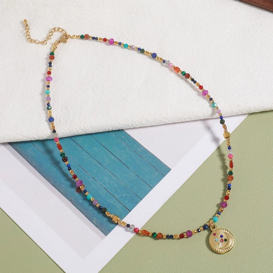 Tropical Sweet Round Moon 304 Stainless Steel natural stone Freshwater Pearl Rhinestones Beaded Chain Pendant Necklace In Bulk