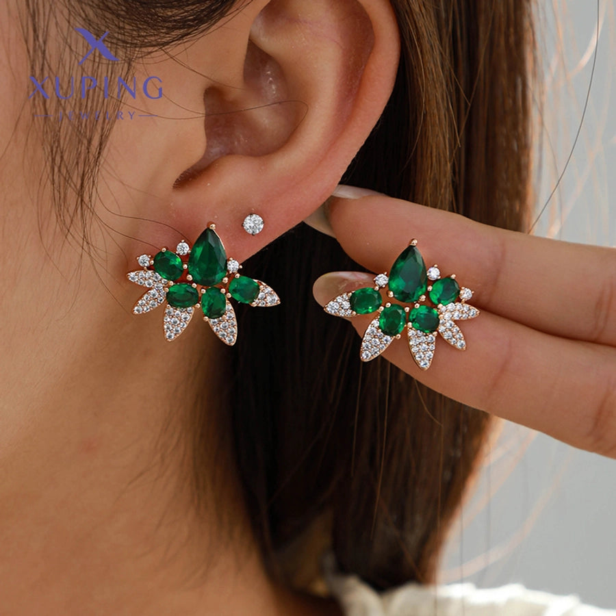 1 Pair Luxurious XUPING Simple Style Geometric Inlay Copper Artificial Gemstones 18K Gold Plated Ear Studs