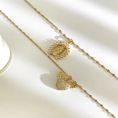 Jewelry Glam Queen Simple Style Virgin Mary Heart Shape Wings 316L Stainless Steel  Rhinestones Zircon 18K Gold Plated Plating Pendant Necklace