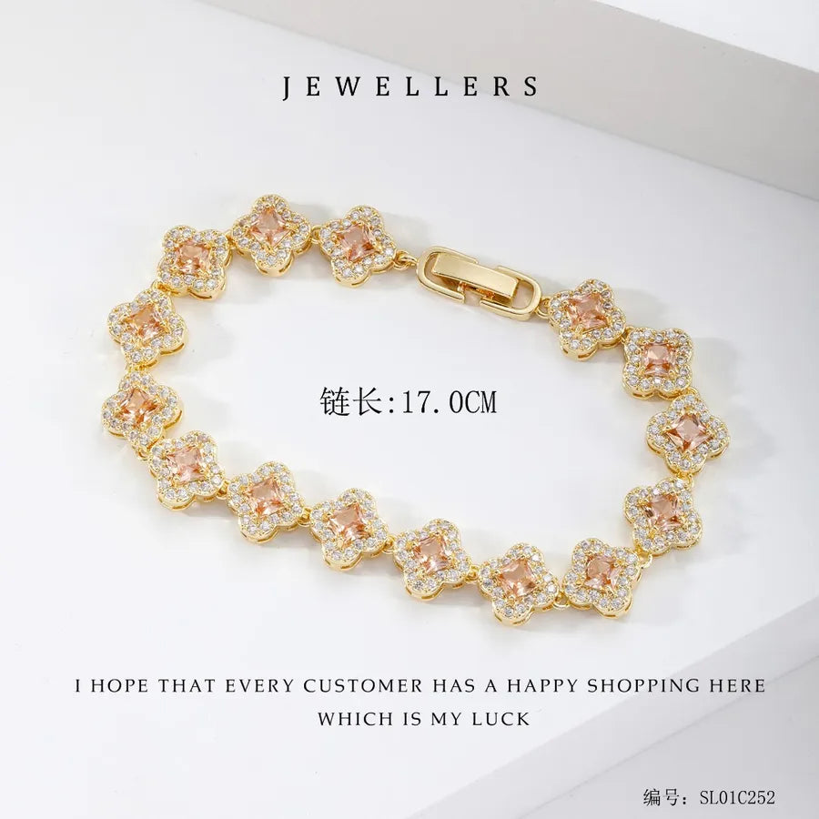 Wholesale Jewelry Elegant Classic Style Leaf Four Leaf Clover Copper Zircon Plating Bracelets Tennis Chain