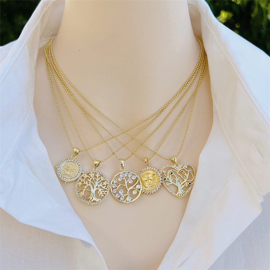 Copper 18K Gold Plated Inlay Round Heart Shape Life Tree Zircon Pendant Necklace