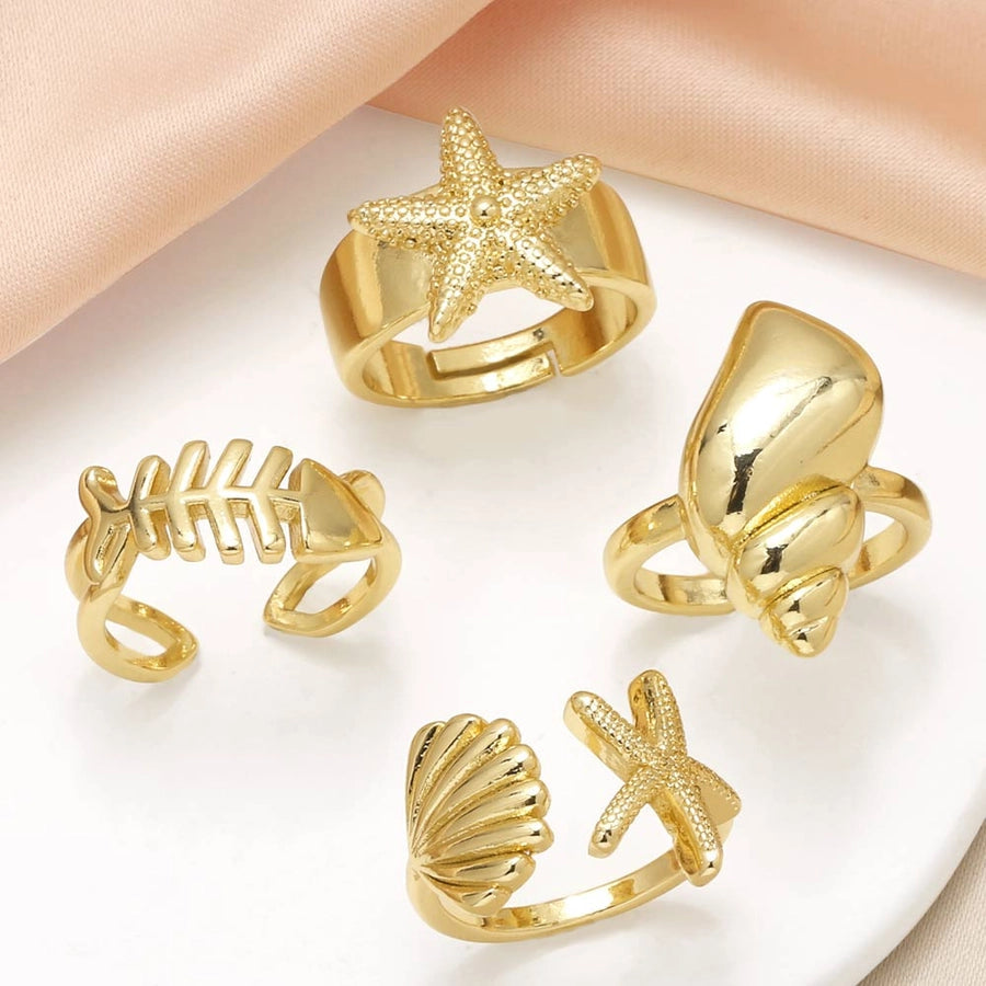 Copper 18K Gold Plated Plating Starfish Conch Fish Bone Open Rings