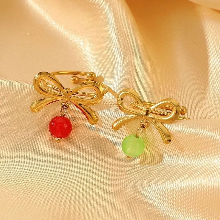 Jewelry Sweet Simple Style Cherry Bow Knot 304 Stainless Steel Rings Earrings