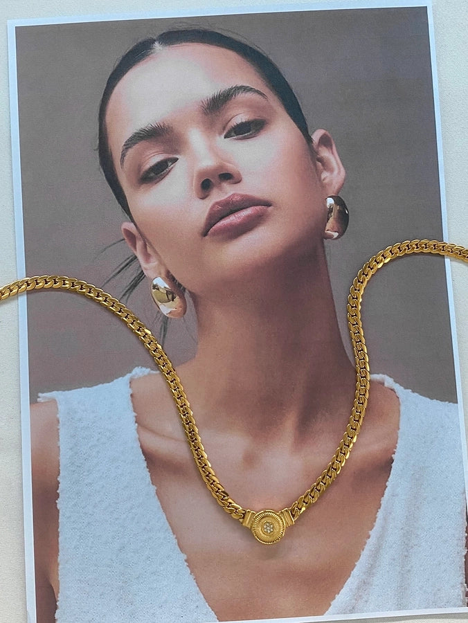 18K Gold Stainless Steel White Diamond Diamond Rib Heart Pendant Chain Necklace