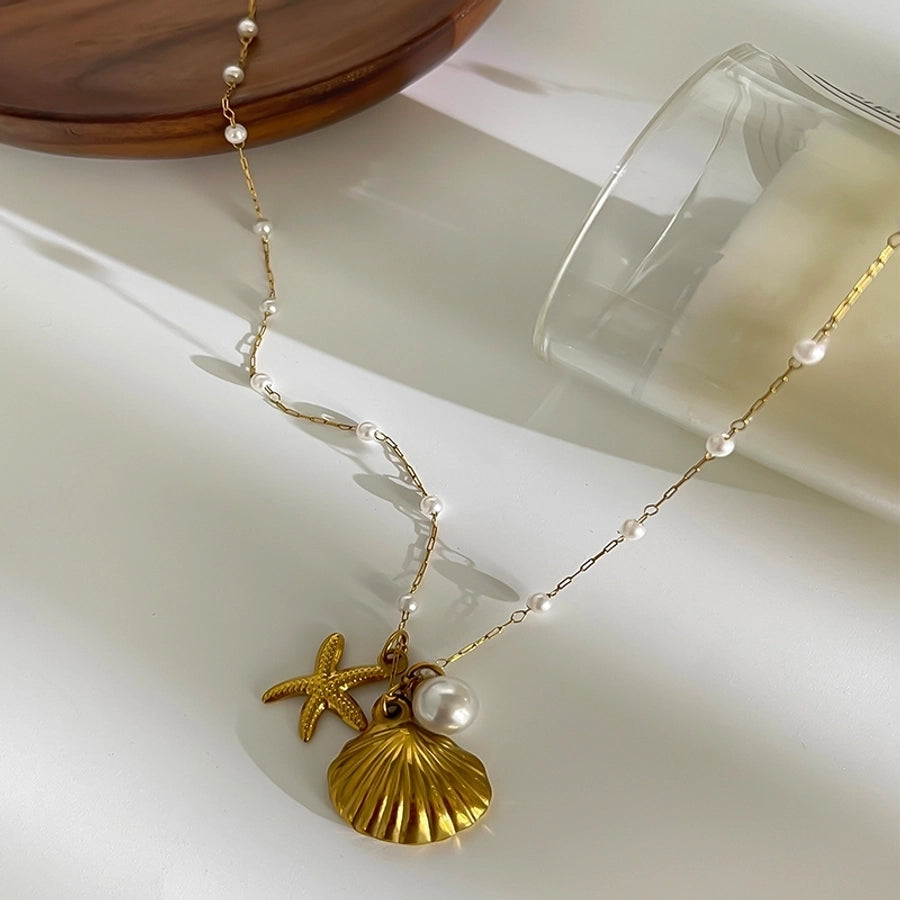 Jewelry Retro Marine Style Beach Starfish Shell 316L Stainless Steel  18K Gold Plated Pendant Necklace