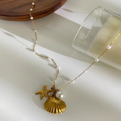 Jewelry Retro Marine Style Beach Starfish Shell 316L Stainless Steel  18K Gold Plated Pendant Necklace