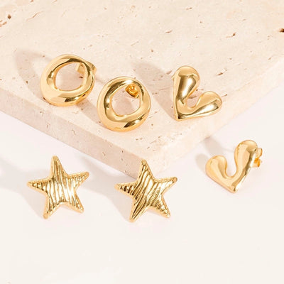1 Pair Casual French Style Pentagram Round Heart Shape 304 Stainless Steel 18K Gold Plated Ear Studs