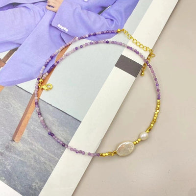 IG Style Geometric natural stone Pearl black gallstone Beaded Chain Necklace In Bulk