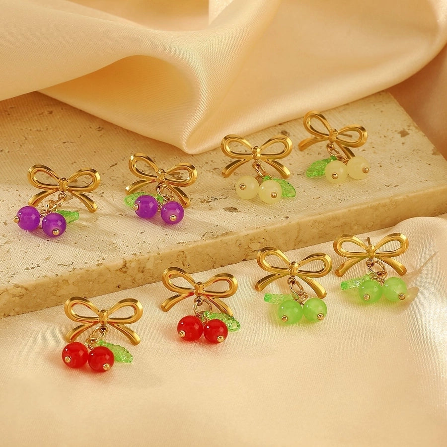 Jewelry Sweet Simple Style Cherry Bow Knot 304 Stainless Steel Rings Earrings