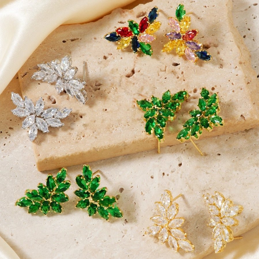 1 Pair Elegant Artistic Streetwear Leaf Asymmetrical Copper Glass Zircon K Gold Plated Rhodium Plated Ear Studs