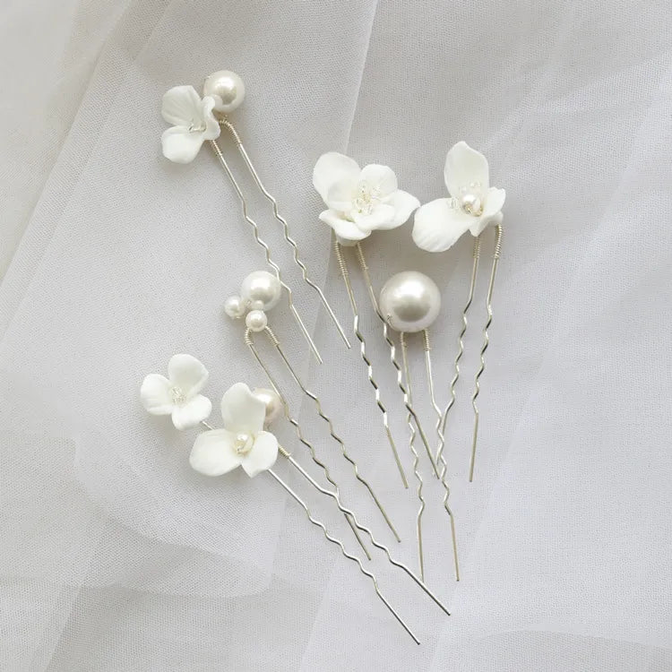 New ceramic flower pearl embellished hair fork set of 6 gold silver bridal hair Fork hair plug simple hair accessories