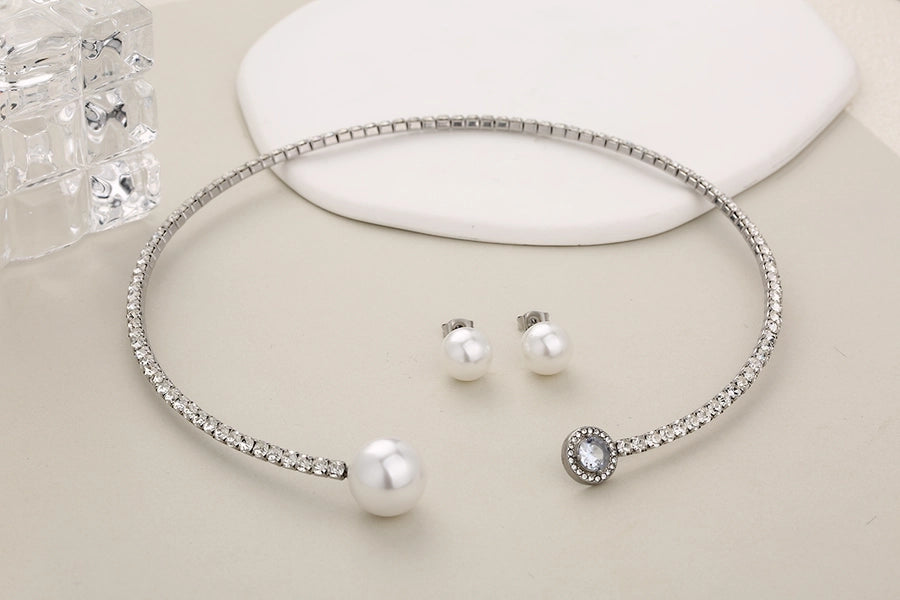 Jewelry Glam Luxurious Shiny Circle Square Heart Shape 304 Stainless Steel Imitation Pearl Rhinestone Jewelry Set
