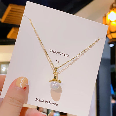 304 Stainless Steel Copper 18K Gold Plated Plating Inlay Round Artificial Pearls Pendant Necklace