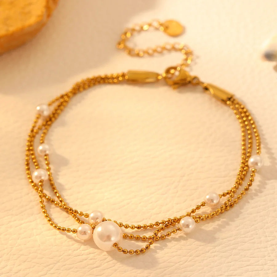Elegant Round Titanium Steel 18K Gold Plated Beaded Chain Bracelets In Bulk