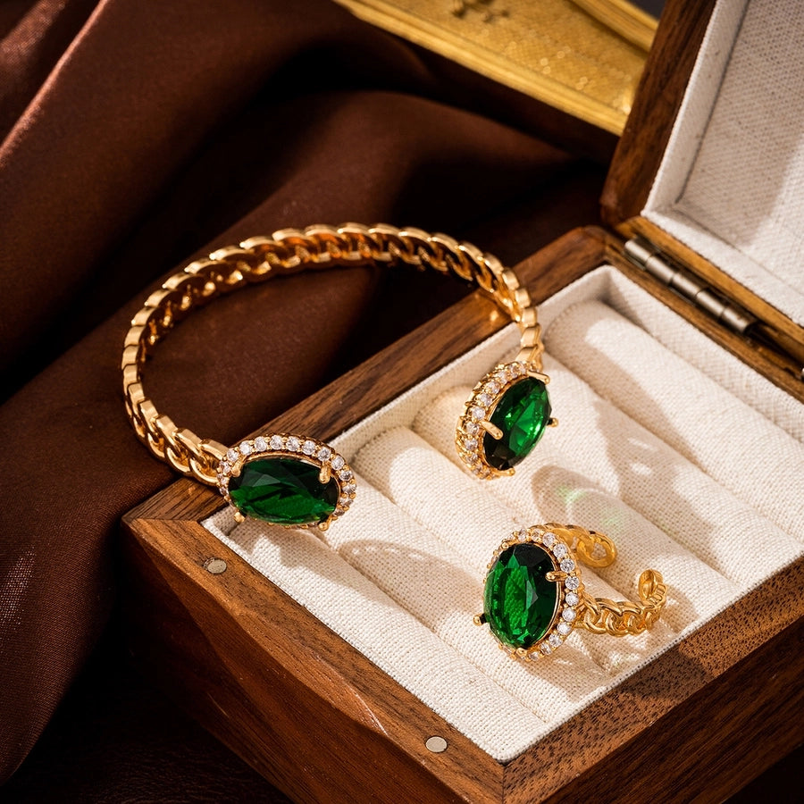 Jewelry Retro Oval Copper Zircon Rings Bracelets Jewelry Set