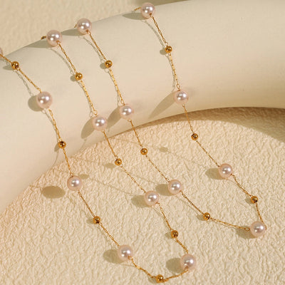 Jewelry IG Style Elegant French Style Round 304 Stainless Steel Artificial Pearls 18K Gold Plated Beaded Polishing Necklace