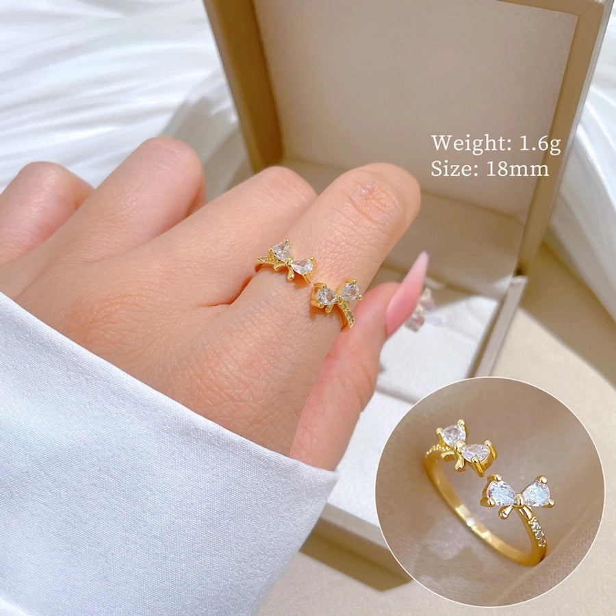 Titanium Steel Brass Gold Plated Inlay Bow Knot Zircon Brass Rings