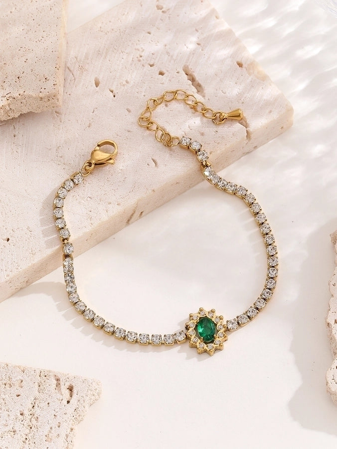 Elegant Lady Streetwear Oval Heart Shape Titanium Steel 18K Gold Plated Artificial Crystal Bracelets In Bulk