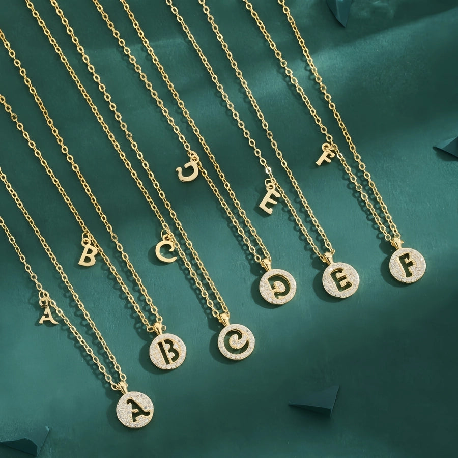Copper 18K Gold Plated Inlay Letter Zircon Pendant Necklace