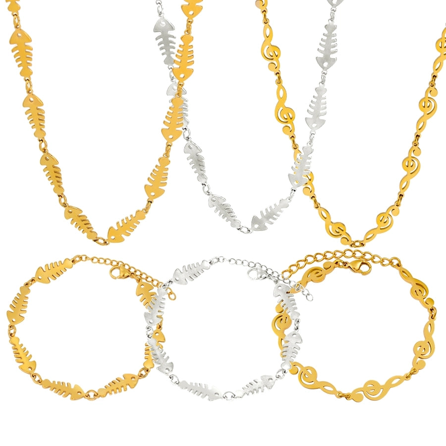 Jewelry IG Style Music Symbol Fish Bone 304 Stainless Steel 18K Gold Plated Bracelets Necklace