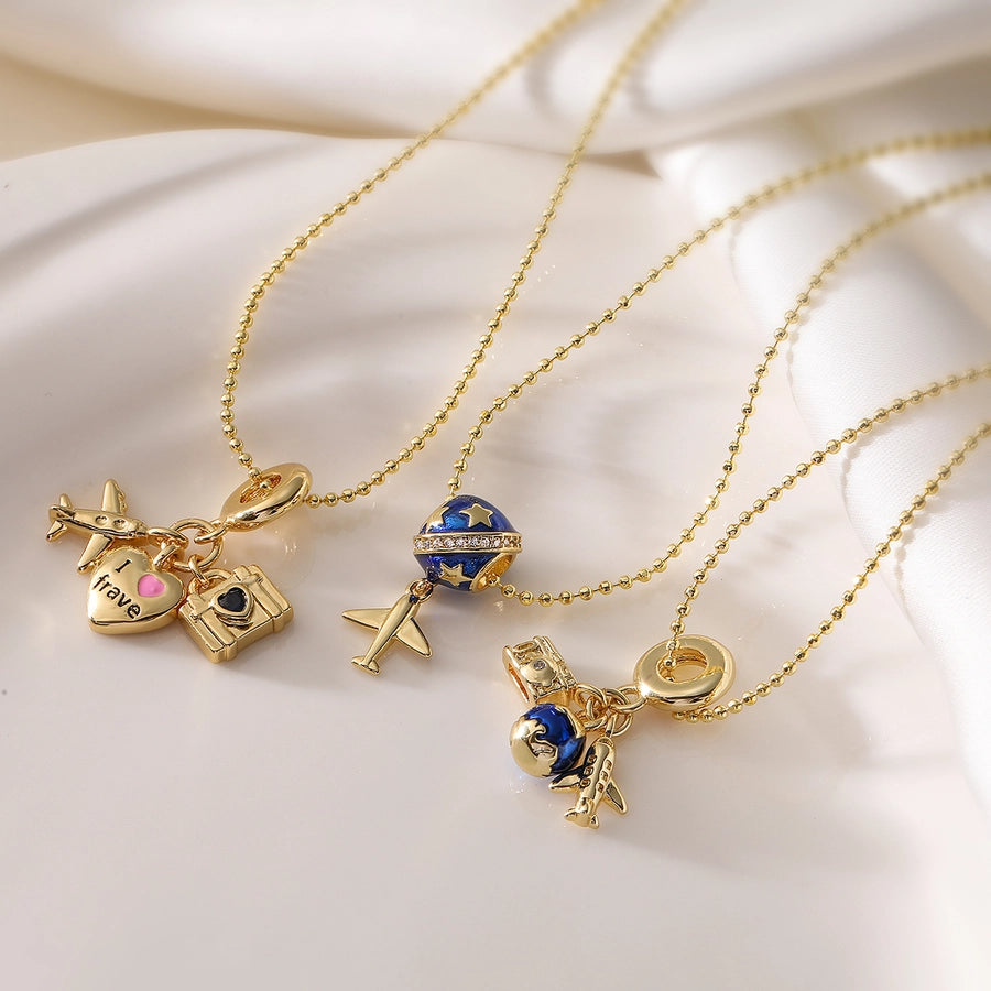 Copper 18K Gold Plated Enamel Geometric Airplane Pendant Necklace