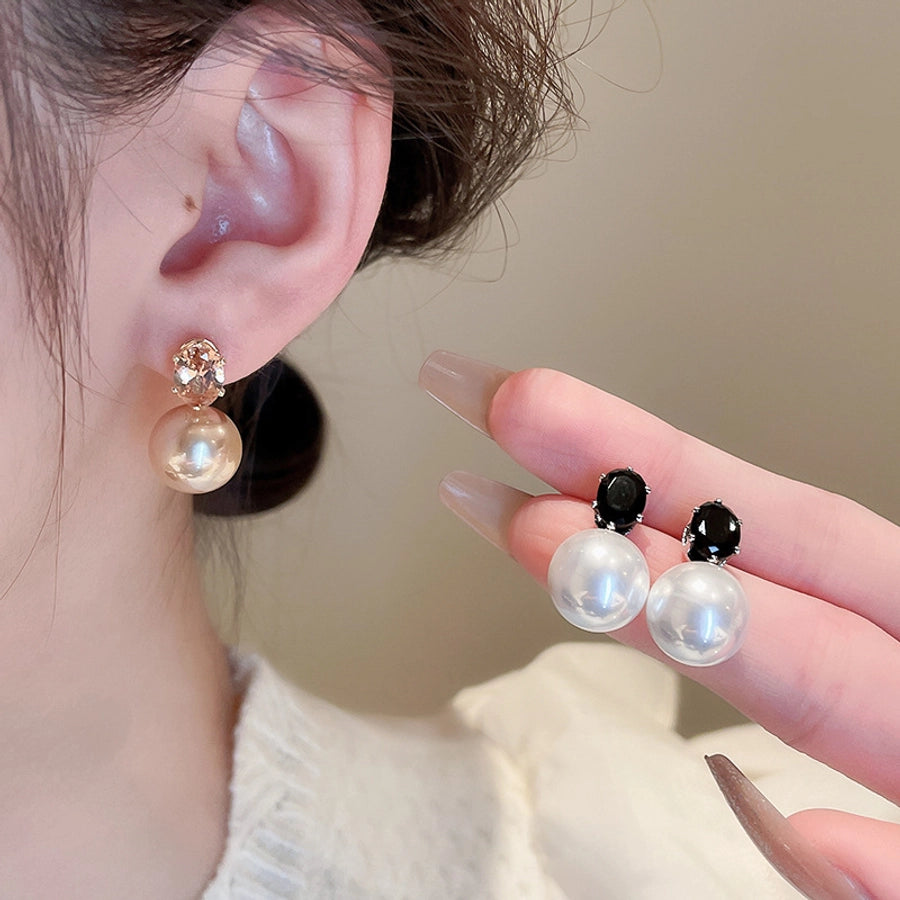 1 Pair Casual Simple Style Streetwear Geometric Inlay Copper Imitation Pearl Zircon Drop Earrings