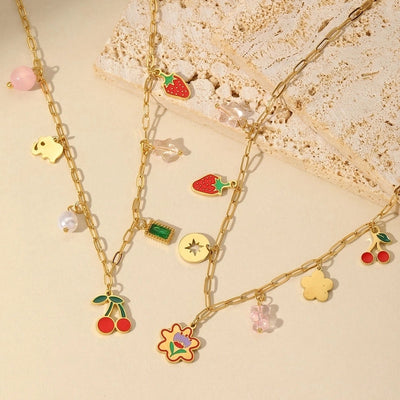 Jewelry French Style Cherry Strawberry 304 Stainless Steel Imitation Pearl Imitating stone 18K Gold Plated Enamel Plating Inlay Multi Charms Necklace