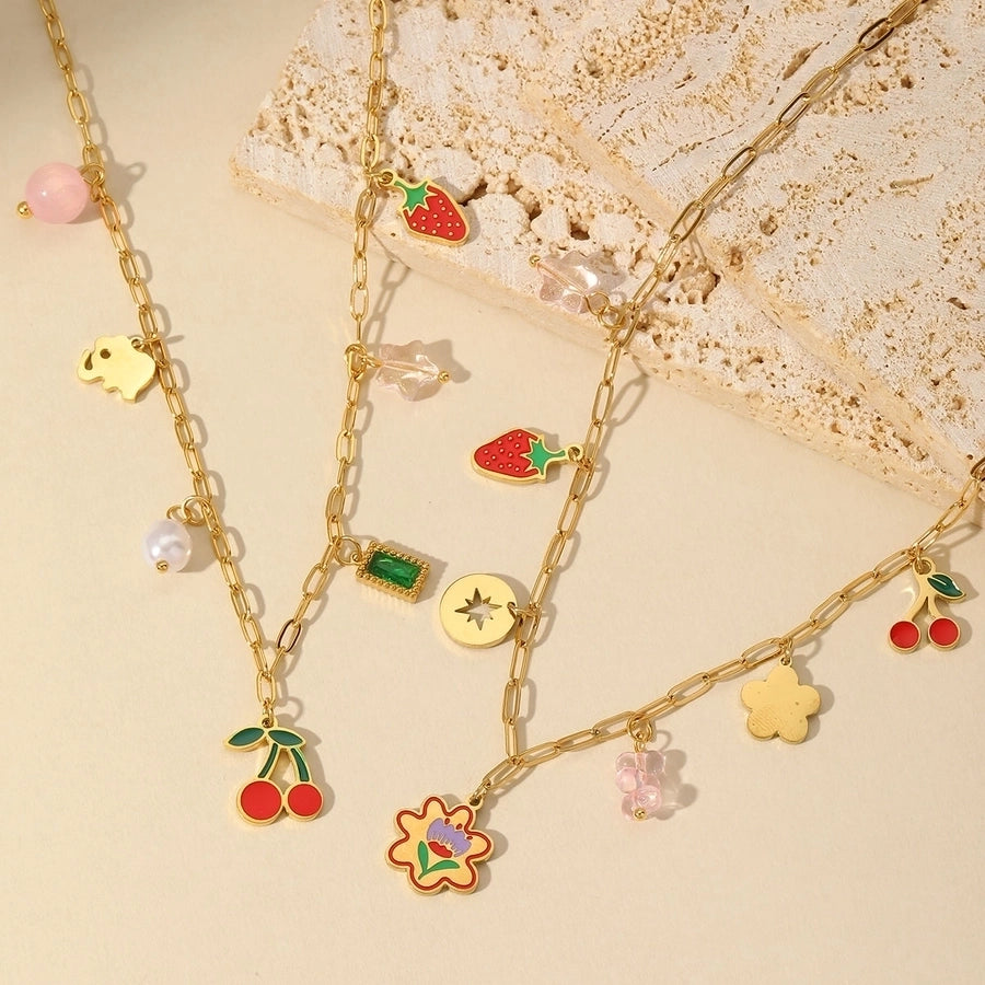 Jewelry French Style Cherry Strawberry 304 Stainless Steel Imitation Pearl Imitating stone 18K Gold Plated Enamel Plating Inlay Multi Charms Necklace
