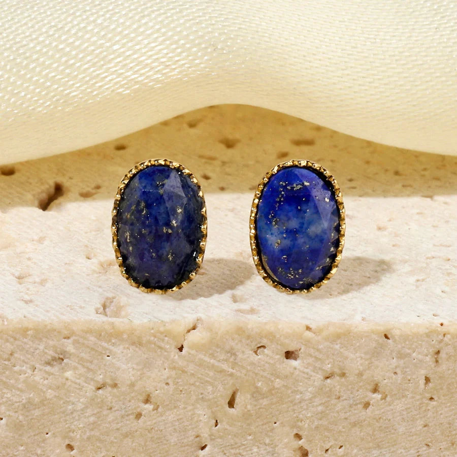 One Pack and Two Pairs Retro French Style Geometric Plating Titanium Steel Natural Stone 14K Gold Plated Ear Studs