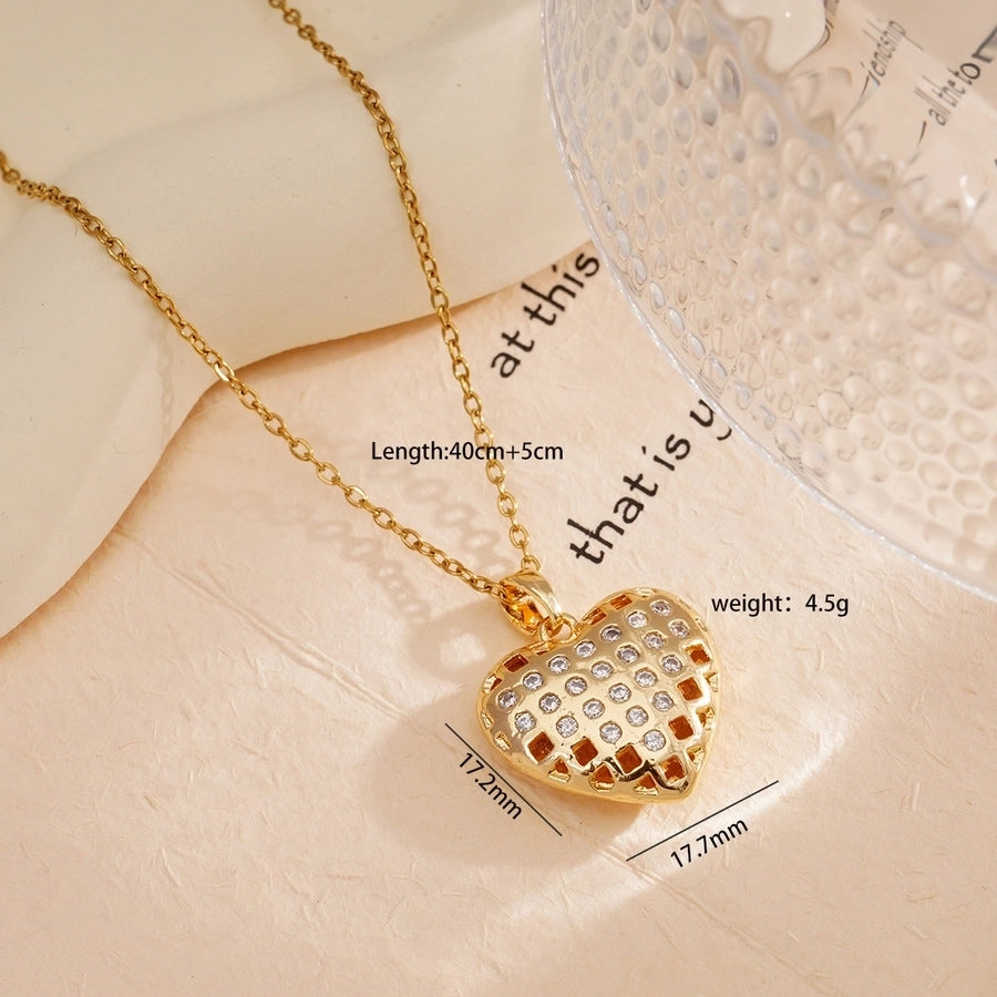 Jewelry Simple Style Heart Shape 304 Stainless Steel Copper Zircon Gold Plated Plating Inlay Pendant Necklace