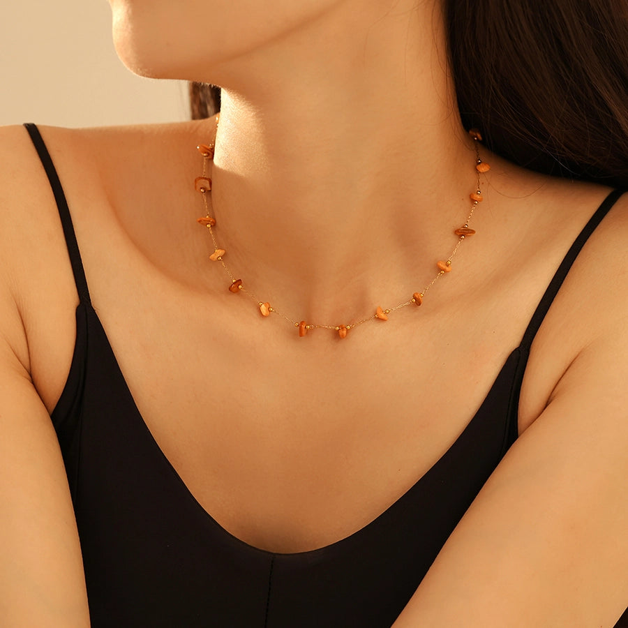 Style New Orange Natural Stone Necklace Bracelet Stainless Steel Clavicle Chain Fashion Personalized Jewelry Suit