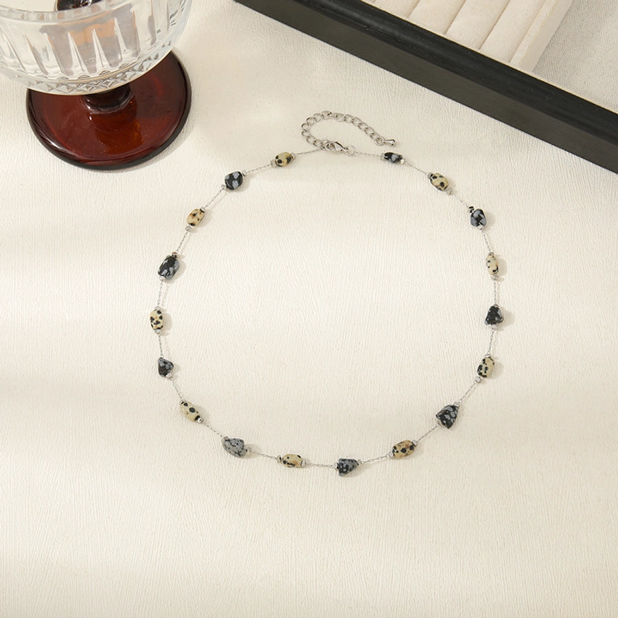 Copper cable chain Inlay Irregular Spotted stone Snowflake Obsidian Necklace