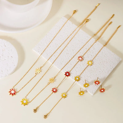 Premium Little Daisy Flower Bracelet Necklace Ear Stud Three-Piece Set Sweet Personality Niche Stainless Steel Ornament