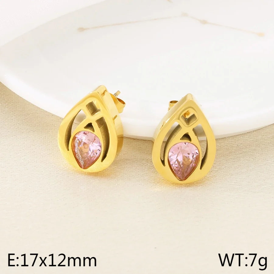 1 Pair Vintage Style Water Droplets Hollow Out Inlay 304 Stainless Steel Zircon 18K Gold Plated Ear Studs